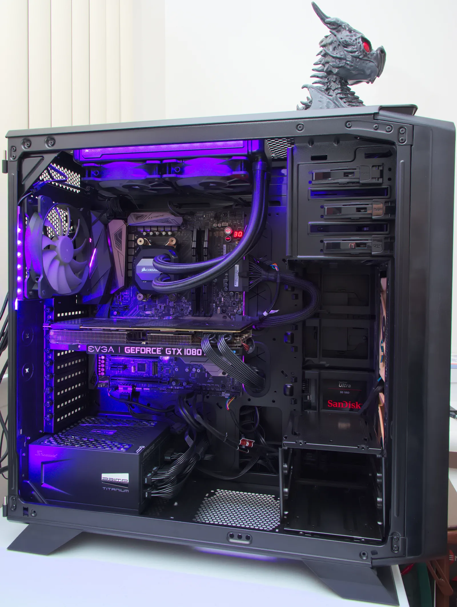 Gaming PC build with RGB lighting glowing inside the case