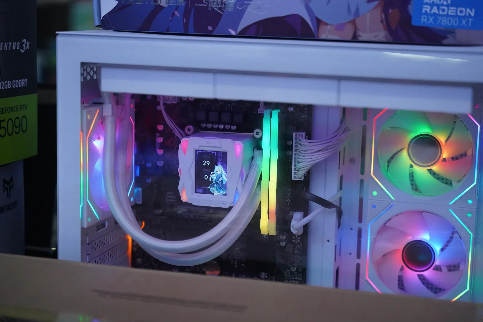 High-end gaming PC build with RGB lighting and CPU liquid cooling in a windowed case