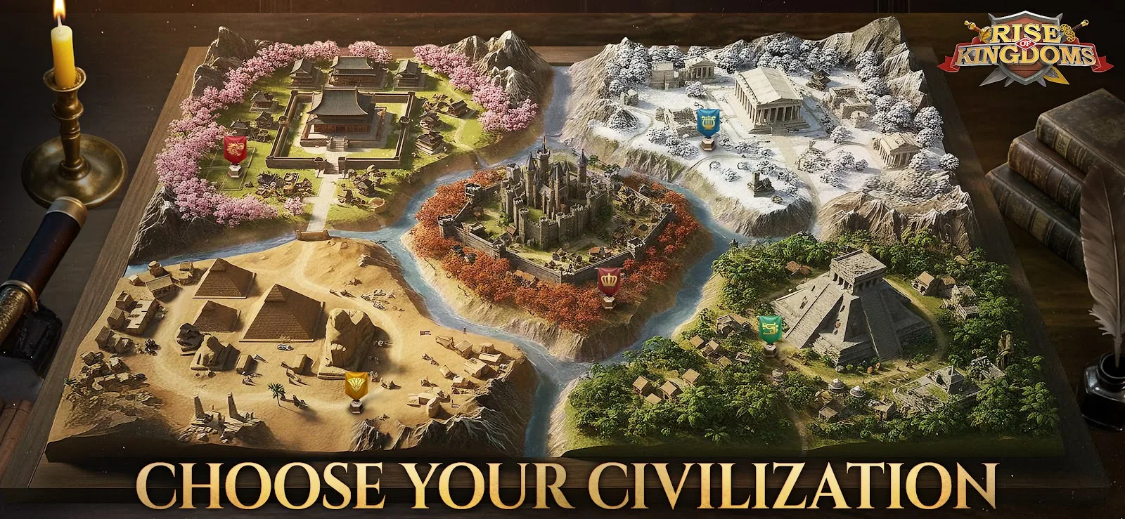 Rise of Kingdoms 'Choose Your Civilization' key art showing a tabletop diorama of civilization regions including Japanese, Chinese, Egyptian, Mayan and European territories