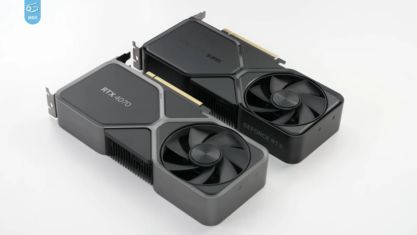 NVIDIA GeForce RTX 4070 Super graphics card shown next to a standard RTX 4070, sharp 4K studio shot