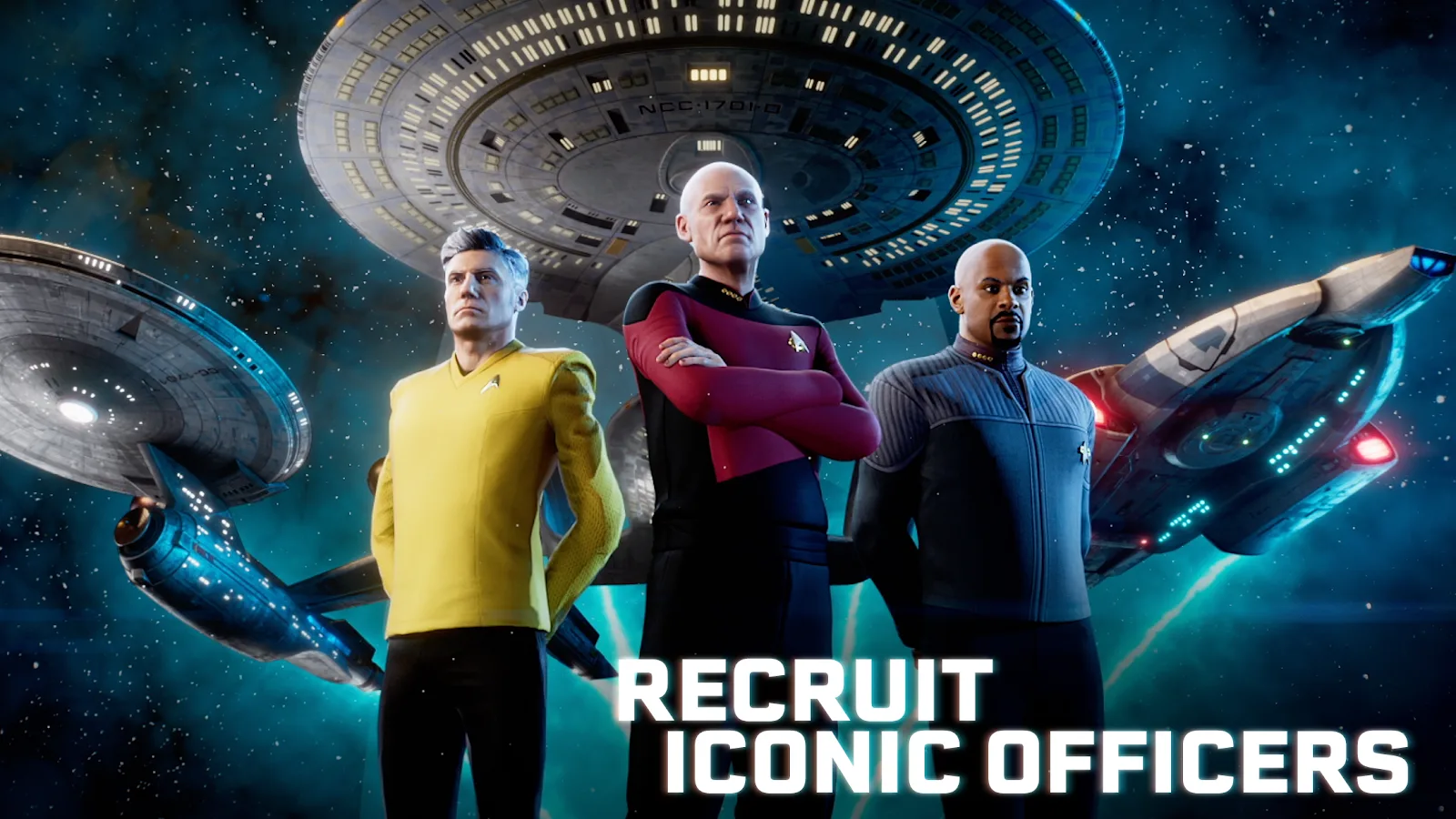 Star Trek Fleet Command 'Recruit Iconic Officers' screenshot featuring three Starfleet captains standing before starships in space