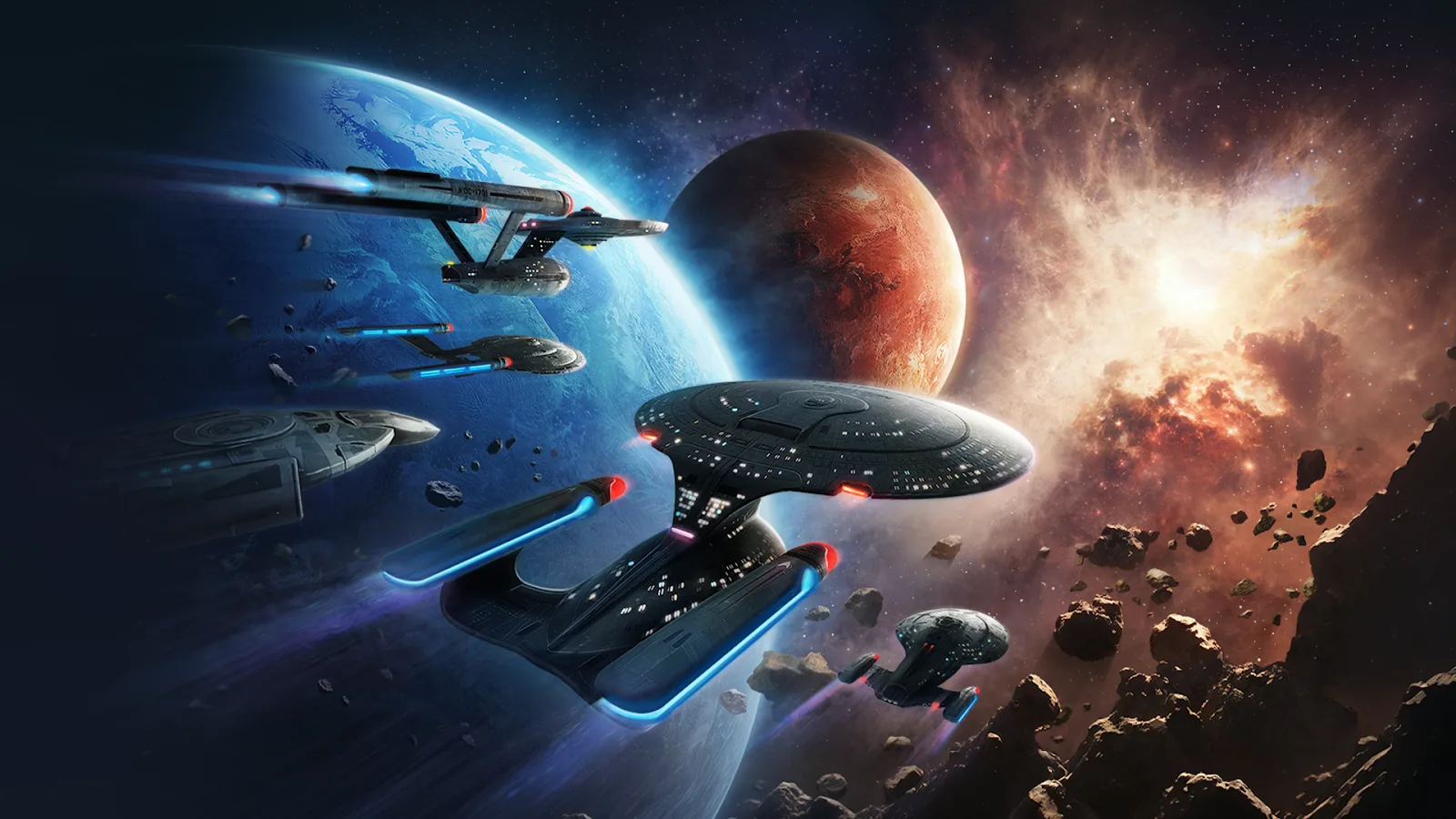 Star Trek Fleet Command key art showing a fleet of Federation starships flying past Earth and a red planet toward a bright nebula