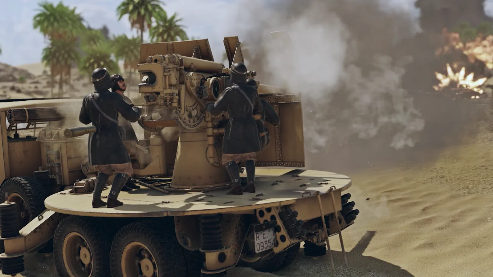 War Thunder - an anti-aircraft gun truck and its crew firing in the desert
